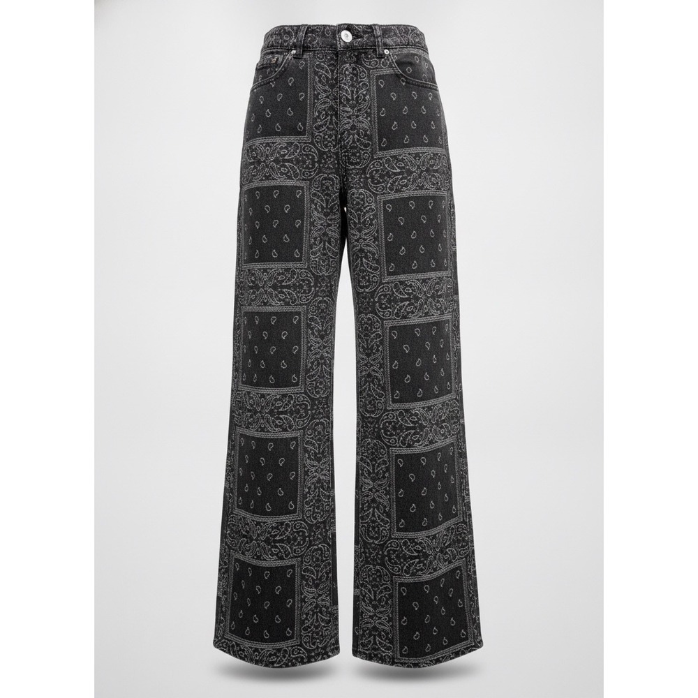 Romwe Womens Black Bandana Paisley Print High Waisted Straight Leg Jeans Size M